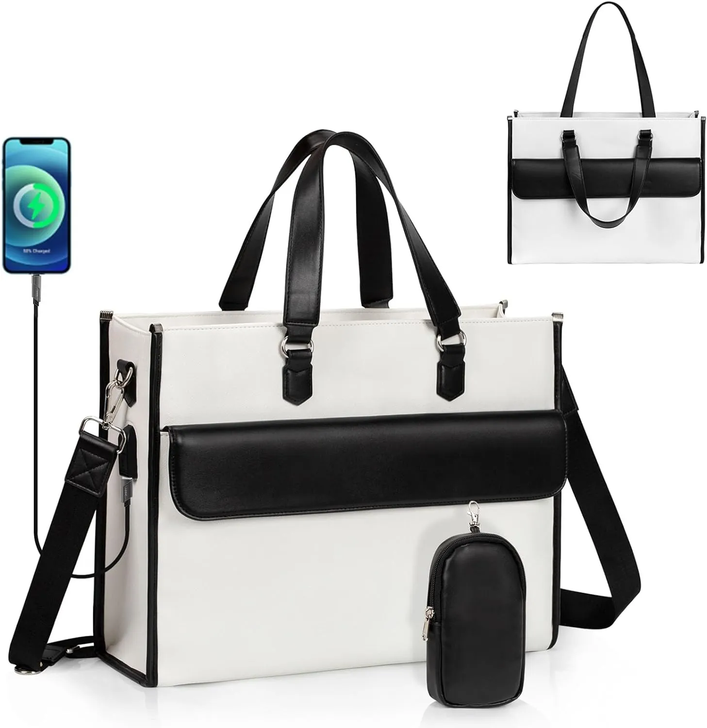 Laptop Bag for Women, Laptop Tote Bag 17 Inch, Waterproof Leather Computer Tote with USB Charging Port, Women Briefcase Business Office Work Handbag White