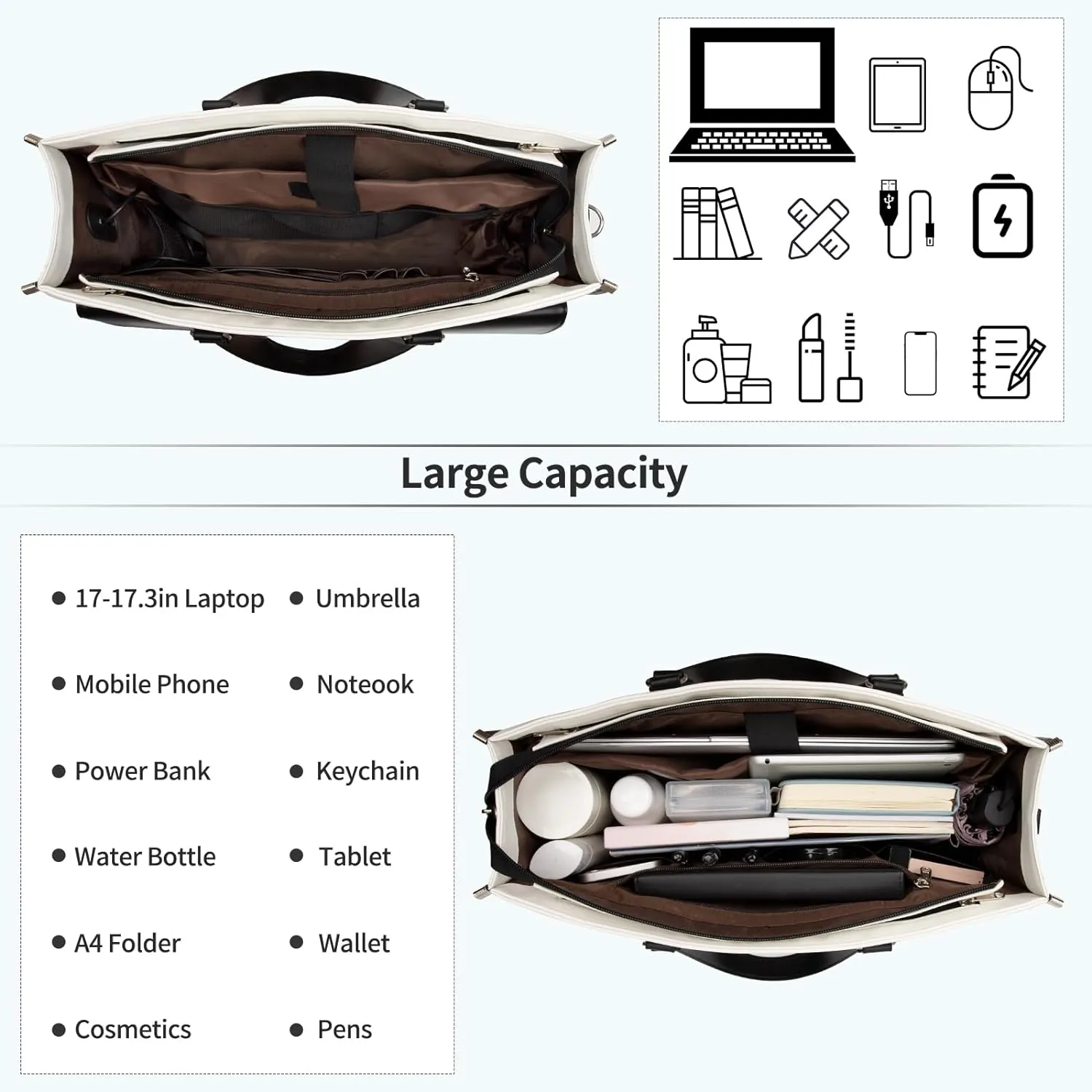 Laptop Bag for Women, Laptop Tote Bag 17 Inch, Waterproof Leather Computer Tote with USB Charging Port, Women Briefcase Business Office Work Handbag White