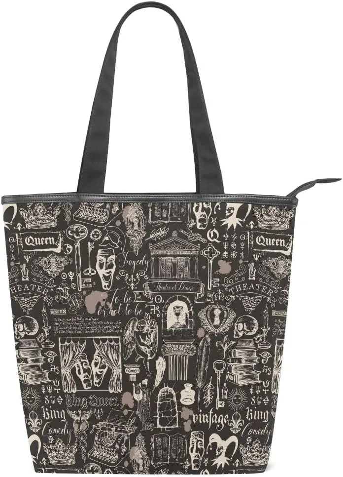 Large Capacity Handbag Shoulder Bag Vintage Pattern Tote Bag for Women Daily Outings Top Handle Zipper