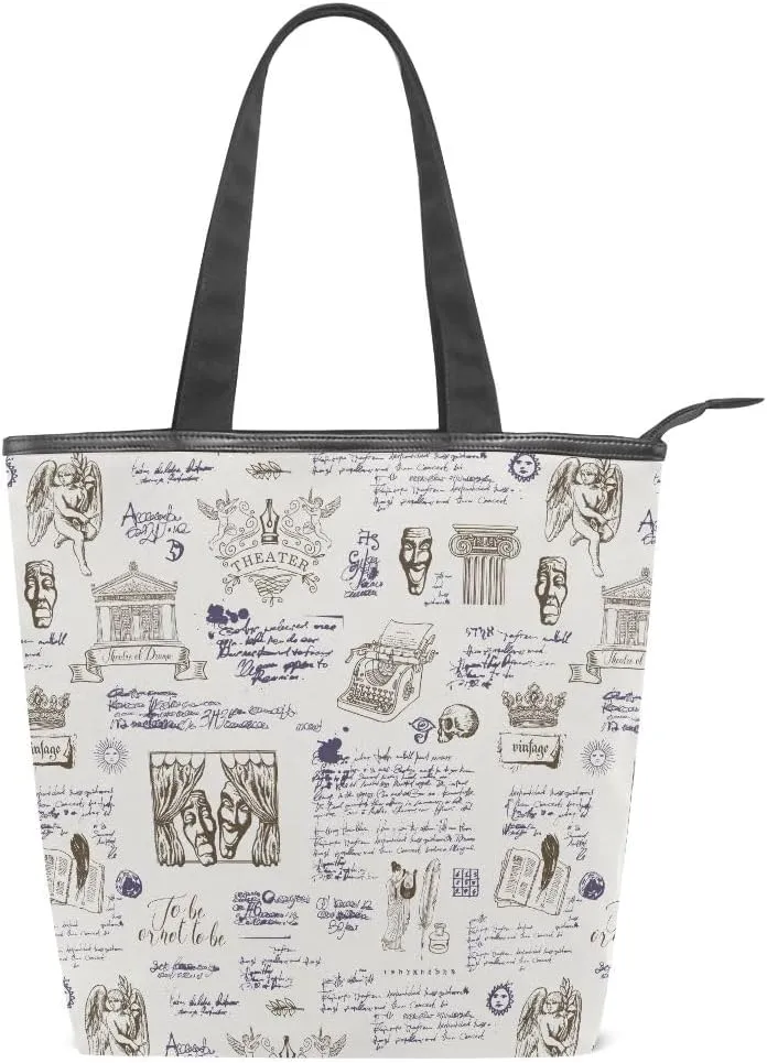 Large Capacity Handbag Shoulder Bag Vintage Pattern Tote Bag for Women Daily Outings Top Handle Zipper