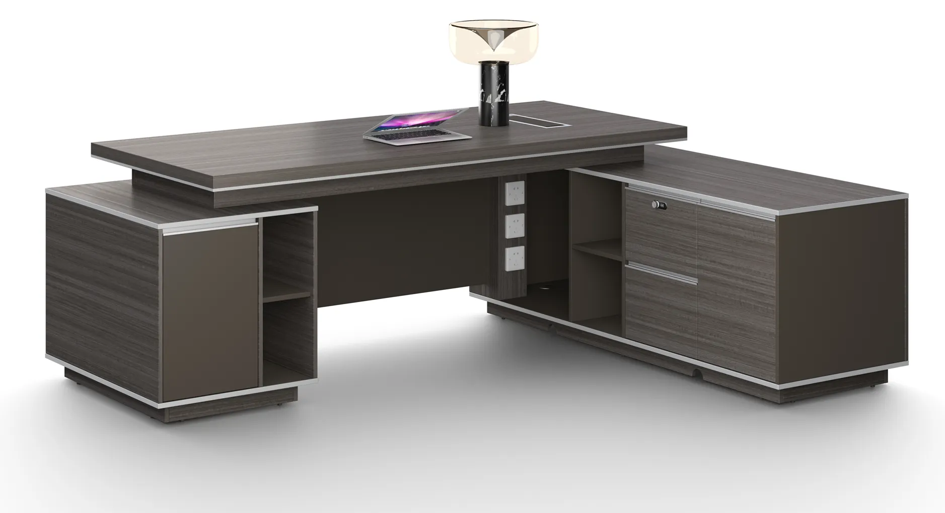 Large Modern Grey Oak Executive Corner Office Desk with Stylish Grey Leather Design - With Cupboard and Return - 2400mm - DG25-D02