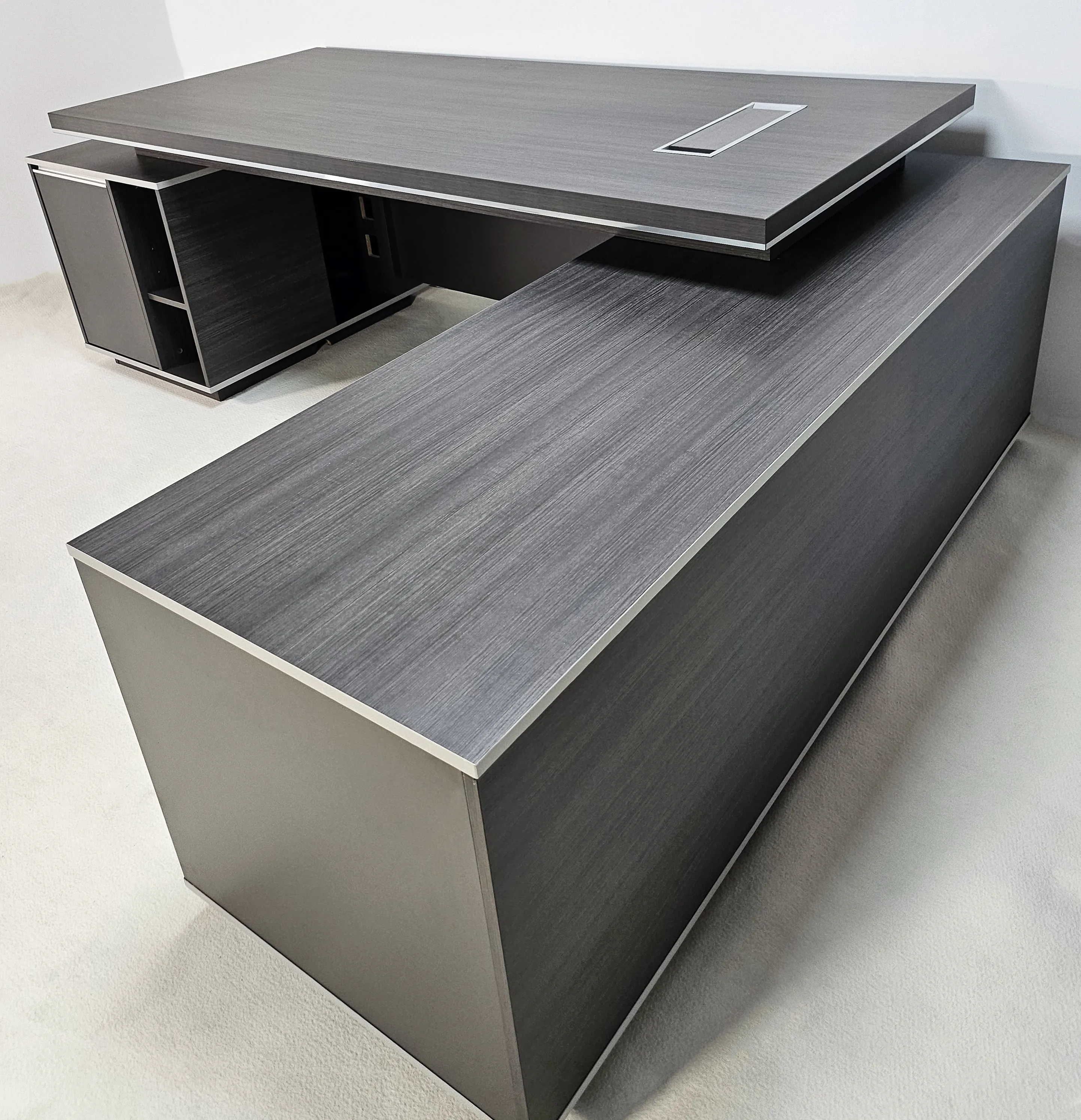 Large Modern Grey Oak Executive Corner Office Desk with Stylish Grey Leather Design - With Cupboard and Return - 2400mm - DG25-D02
