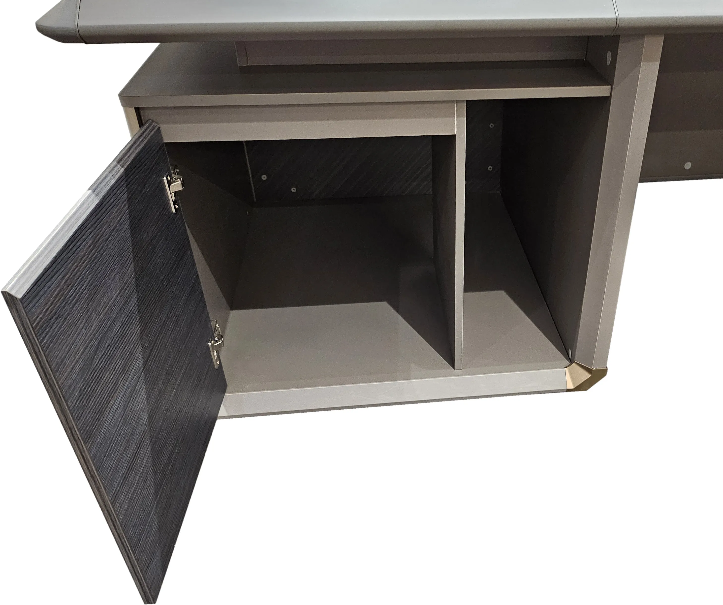 Large Modern Grey Oak Straight Office Desk with Herringbone Detailing and Built in Storage - 2800mm - DHH-D0128