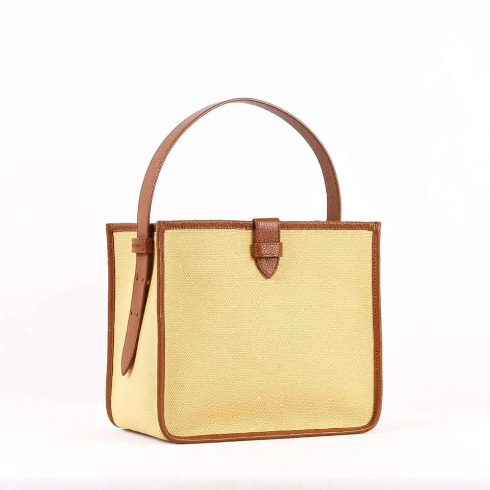 Large Square Commuter Tote Bag | Top Handle Bag in Canvas & Leather _ Brown & Khaki