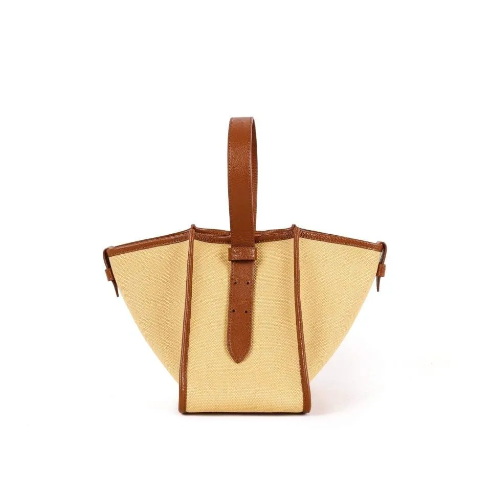 Large Square Commuter Tote Bag | Top Handle Bag in Canvas & Leather _ Brown & Khaki