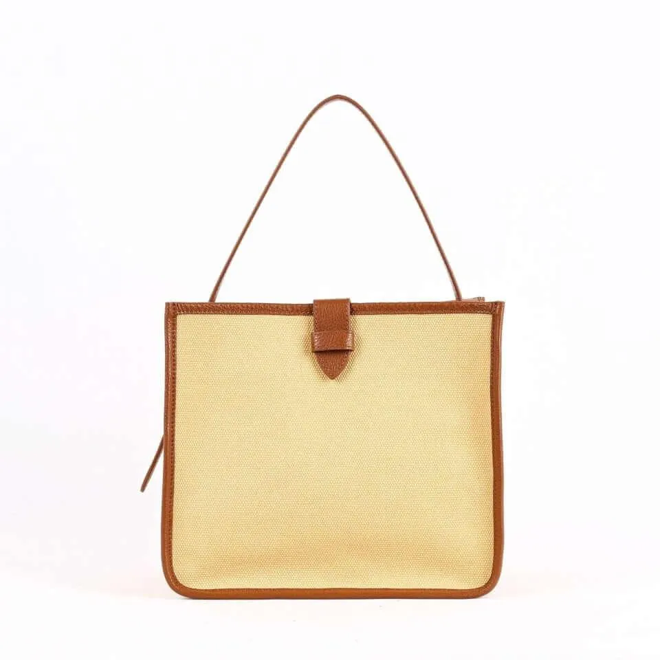 Large Square Commuter Tote Bag | Top Handle Bag in Canvas & Leather _ Brown & Khaki