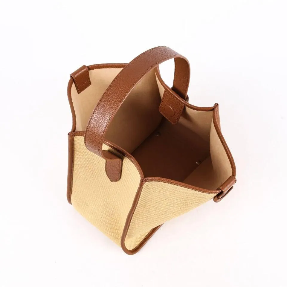 Large Square Commuter Tote Bag | Top Handle Bag in Canvas & Leather _ Brown & Khaki