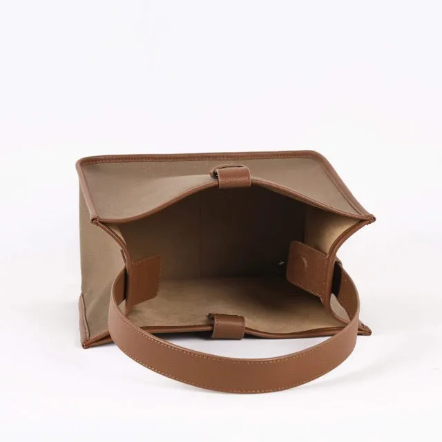 Large Square Commuter Tote Bag | Top Handle Bag in Canvas & Leather _Dark Brown & Khaki