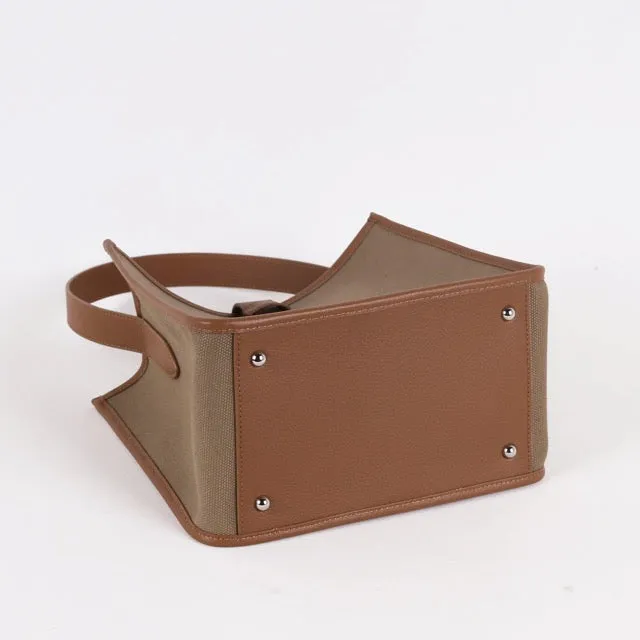 Large Square Commuter Tote Bag | Top Handle Bag in Canvas & Leather _Dark Brown & Khaki
