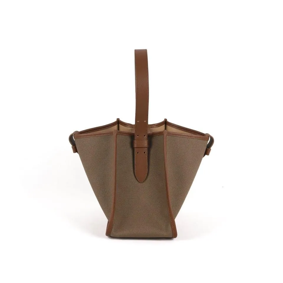 Large Square Commuter Tote Bag | Top Handle Bag in Canvas & Leather _Dark Brown & Khaki