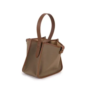 Large Square Commuter Tote Bag | Top Handle Bag in Canvas & Leather _Dark Brown & Khaki