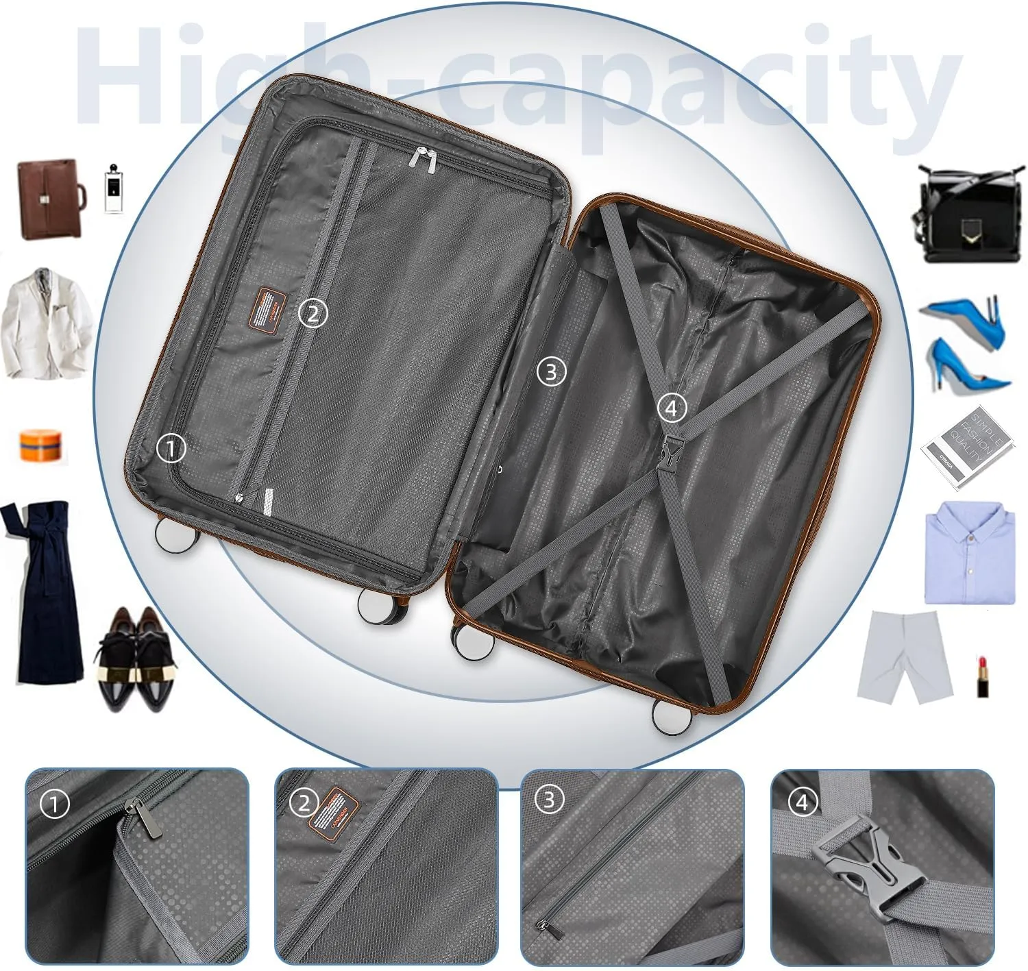 LARVENDER Luggage Sets for Women 5 Piece Hardside Expandable Suitcases with Wheels TSA Lock, Lightweight Travel Carry On Suitcase Set with Cosmetic Case, Black Brown