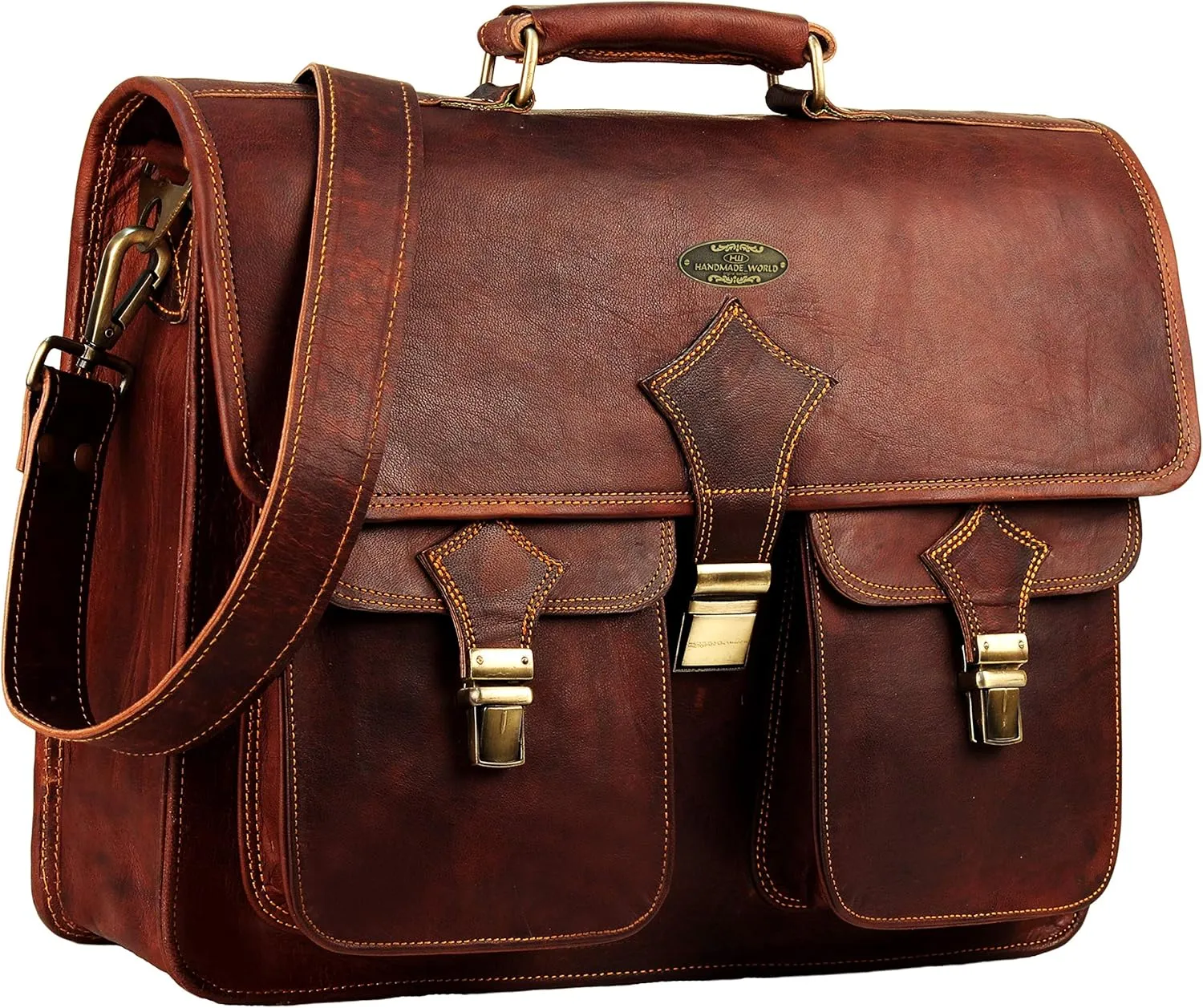 Leather Briefcase for Men 18 Inch | Vintage Large Messenger Bag | Brown Laptop Bag with Rustic Look