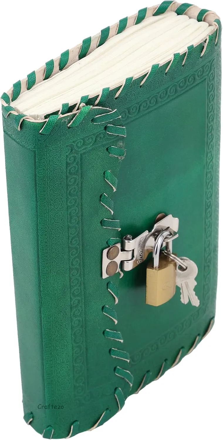 Leather Journal with lock and key, Writing Pad Blank Notebook Handmade Notepad Men & Women Unlined Paper Best Present Art Sketchbook Travel Diary To Write Book Of Shadow (Green Ruled)