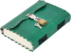 Leather Journal with lock and key, Writing Pad Blank Notebook Handmade Notepad Men & Women Unlined Paper Best Present Art Sketchbook Travel Diary To Write Book Of Shadow (Green Ruled)