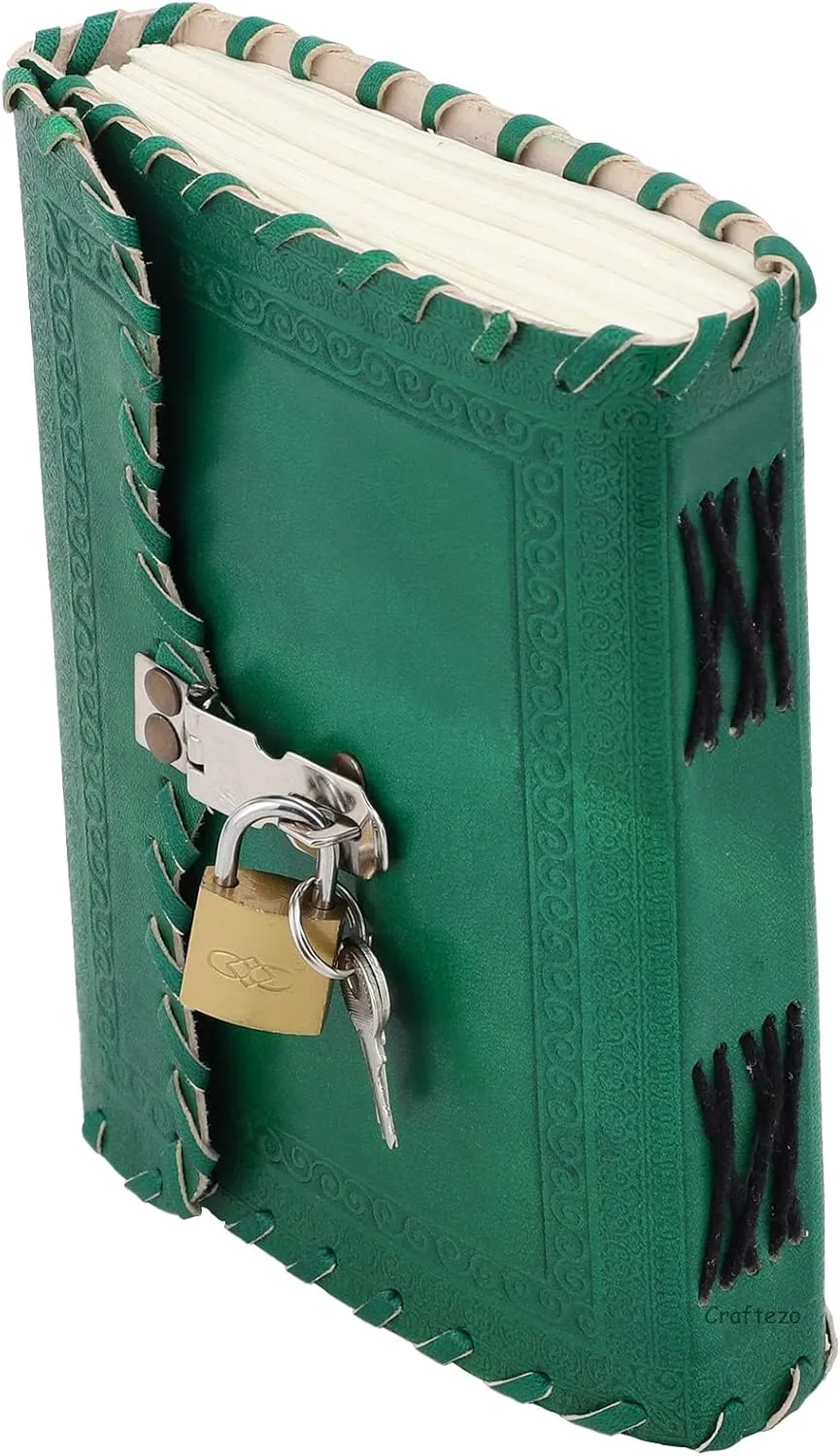 Leather Journal with lock and key, Writing Pad Blank Notebook Handmade Notepad Men & Women Unlined Paper Best Present Art Sketchbook Travel Diary To Write Book Of Shadow (Green Ruled)