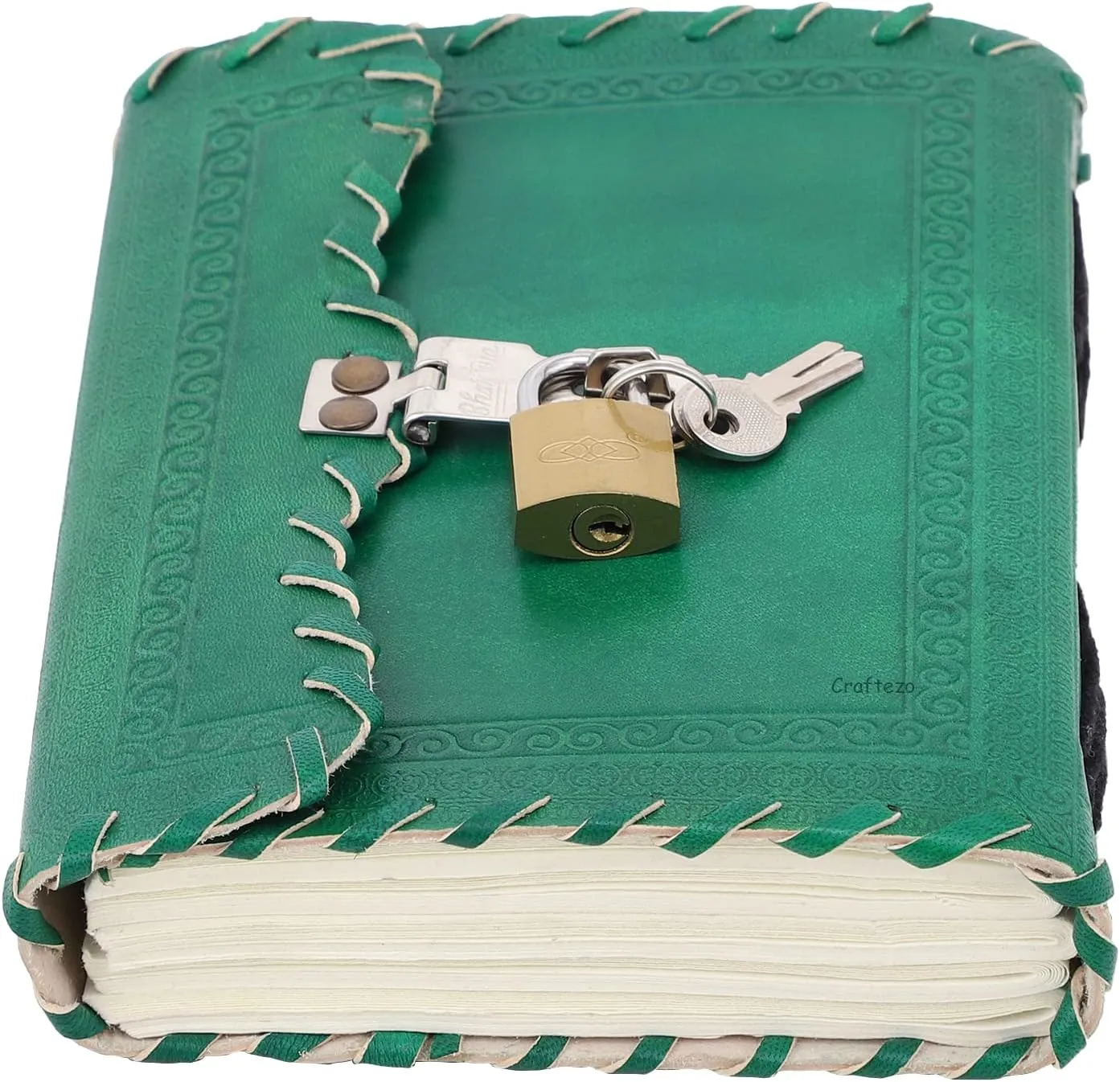 Leather Journal with lock and key, Writing Pad Blank Notebook Handmade Notepad Men & Women Unlined Paper Best Present Art Sketchbook Travel Diary To Write Book Of Shadow (Green Ruled)
