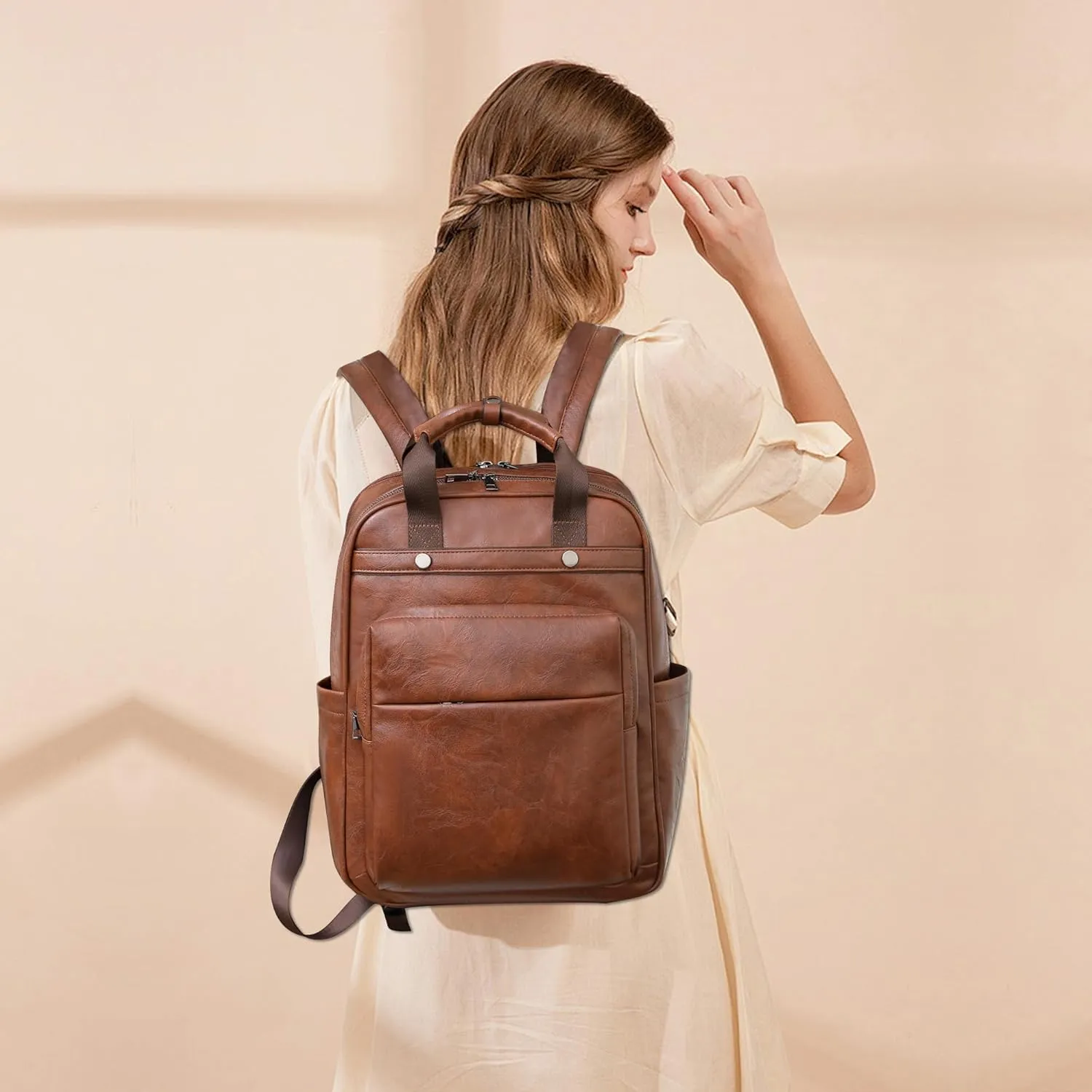 Leather Laptop Backpack for Women 15.6 Inch Work Travel Backpack Fashion College Business Computer Bag (Caramel)