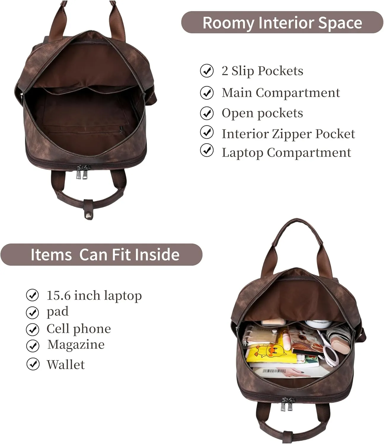Leather Laptop Backpack for Women 15.6 Inch Work Travel Backpack Fashion College Business Computer Bag (Caramel)