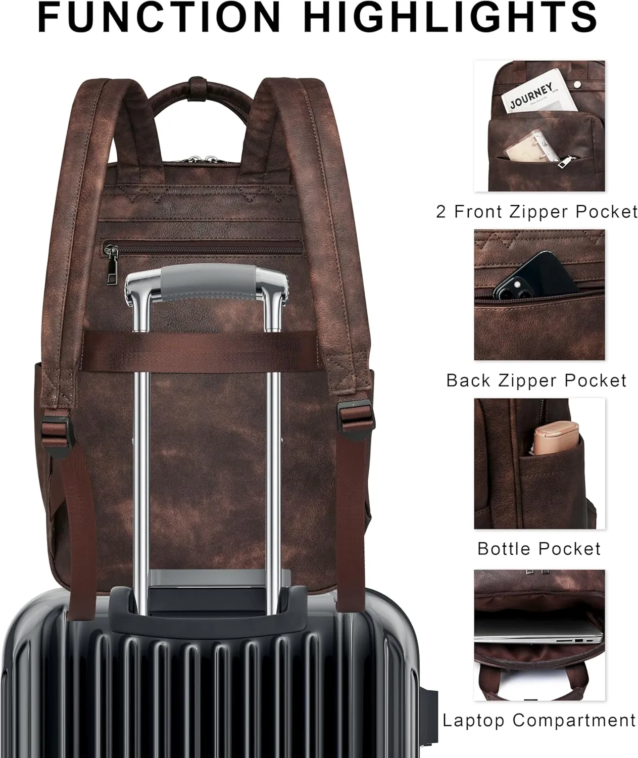 Leather Laptop Backpack for Women 15.6 Inch Work Travel Backpack Fashion College Business Computer Bag (Caramel)