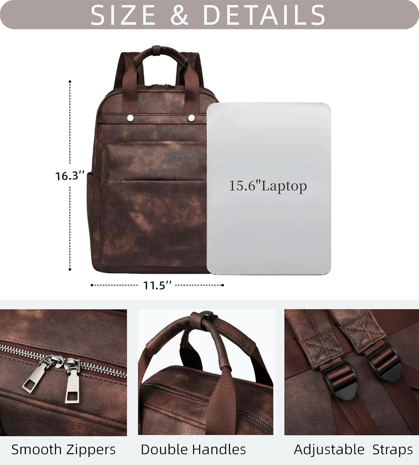Leather Laptop Backpack for Women 15.6 Inch Work Travel Backpack Fashion College Business Computer Bag (Caramel)