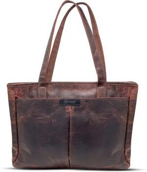 Leather Laptop Tote Bag for Women - Work Tote Bag with 14” Laptop Compartment - Computer Handbag for Office and Travel - Vintage Leather Handbag Purse