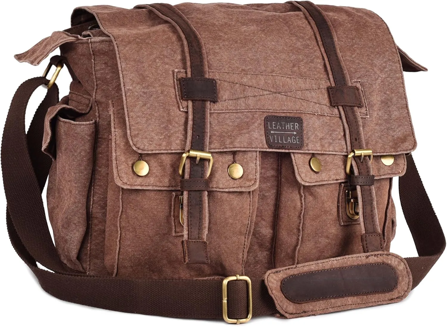 LEATHER VILLAGE Vintage Canvas Messenger Bag - 16'' Handmade Shoulder Satchel for Men & Women, Crossbody for Office & Travel