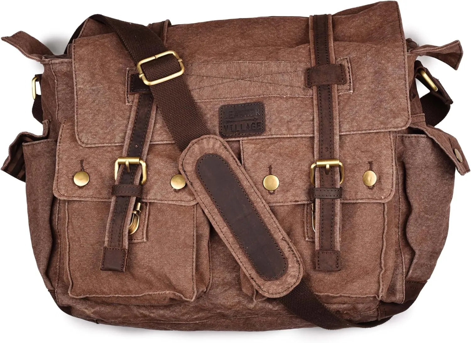 LEATHER VILLAGE Vintage Canvas Messenger Bag - 16'' Handmade Shoulder Satchel for Men & Women, Crossbody for Office & Travel