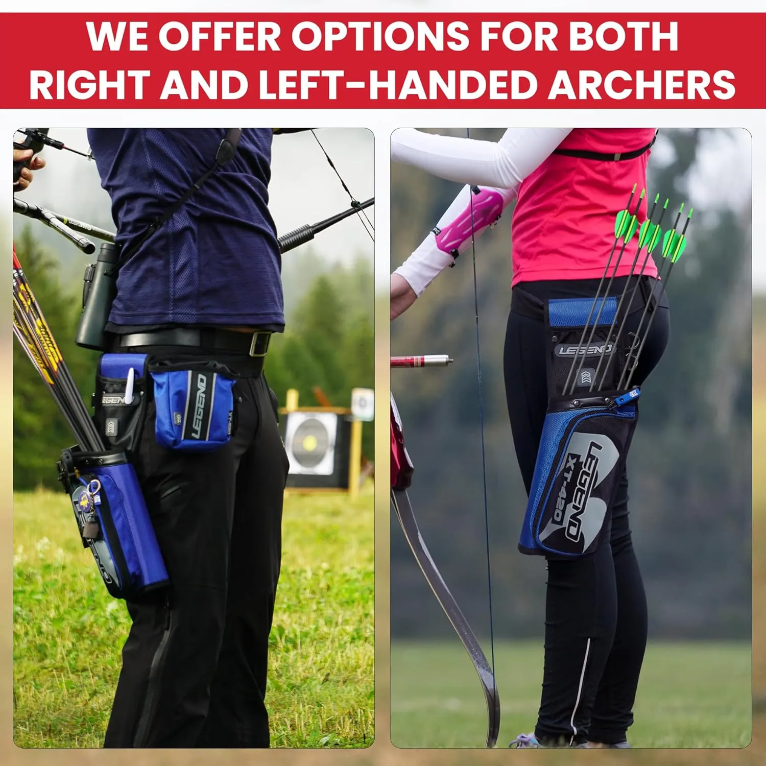 Legend XT420 Field Quiver - Left or Right-Handed Quiver Arrow Holder, Archery Quiver with 3 Arrow Tube, Durable Nylon Hip Quivers with Multiple Pockets for Archery Accessories, Score Card & Tools