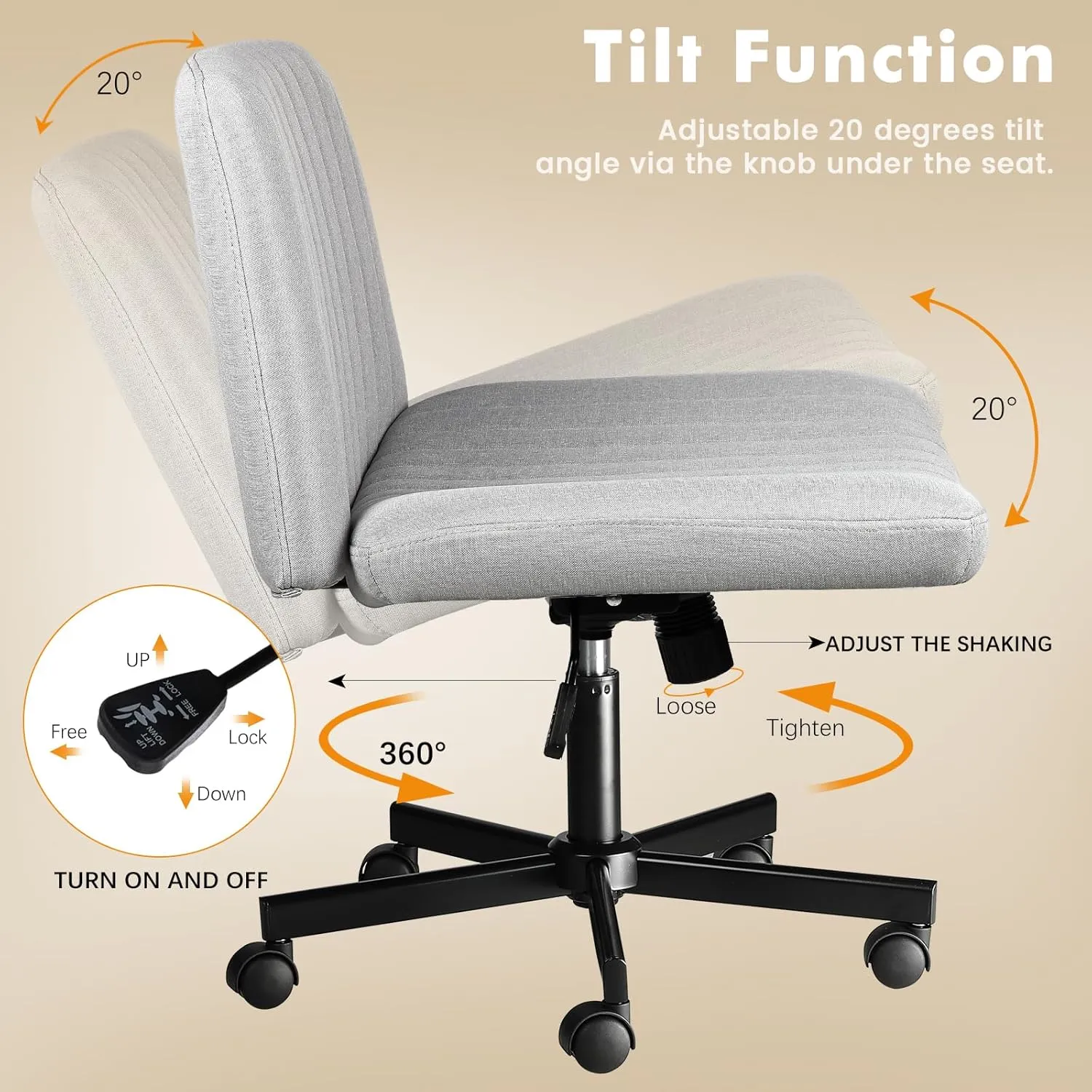 LEMBERI Criss Corss Chair with Wheels,Fabric Padded Armless Wide Office Desk Chairs,120° Rocking Swivel Mid Back Computer Task Vanity Chair for Home Office, Small Space