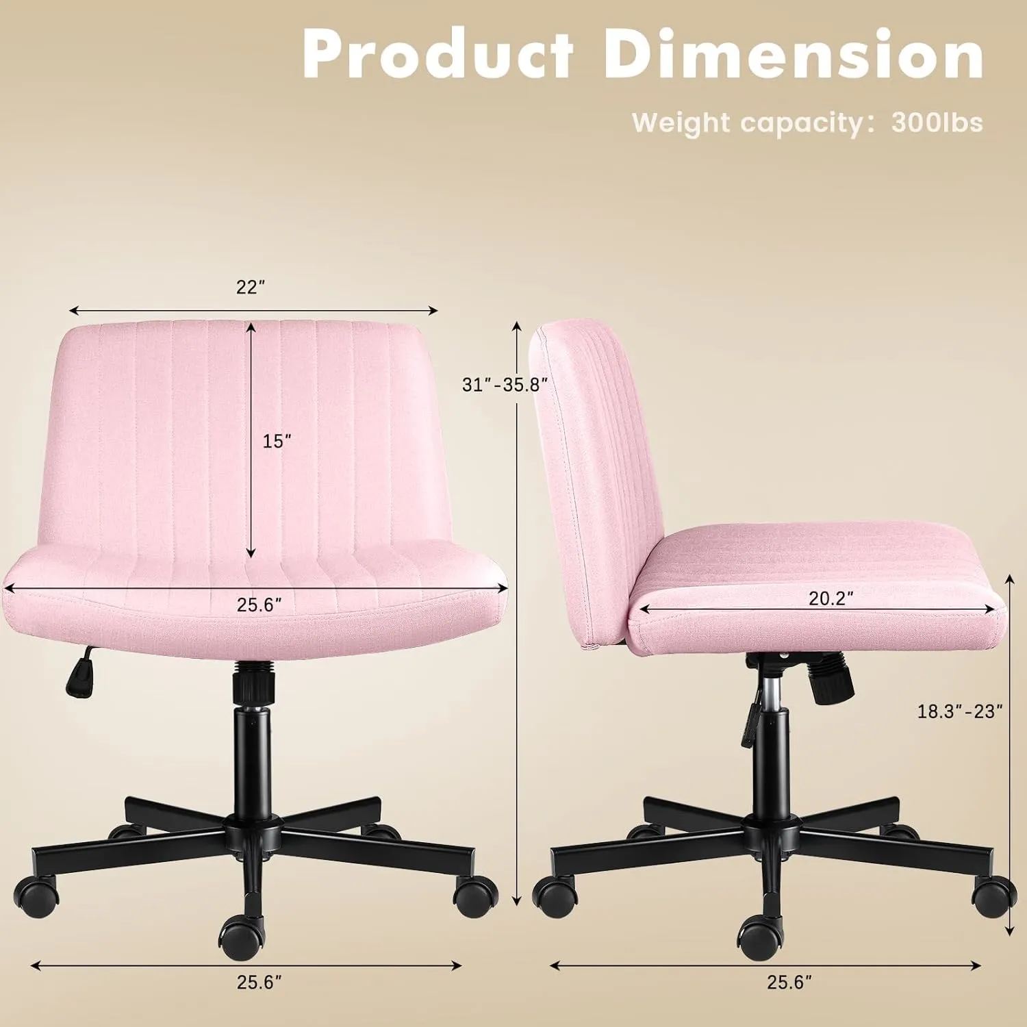 LEMBERI Criss Corss Chair with Wheels,Fabric Padded Armless Wide Office Desk Chairs,120° Rocking Swivel Mid Back Computer Task Vanity Chair for Home Office, Small Space