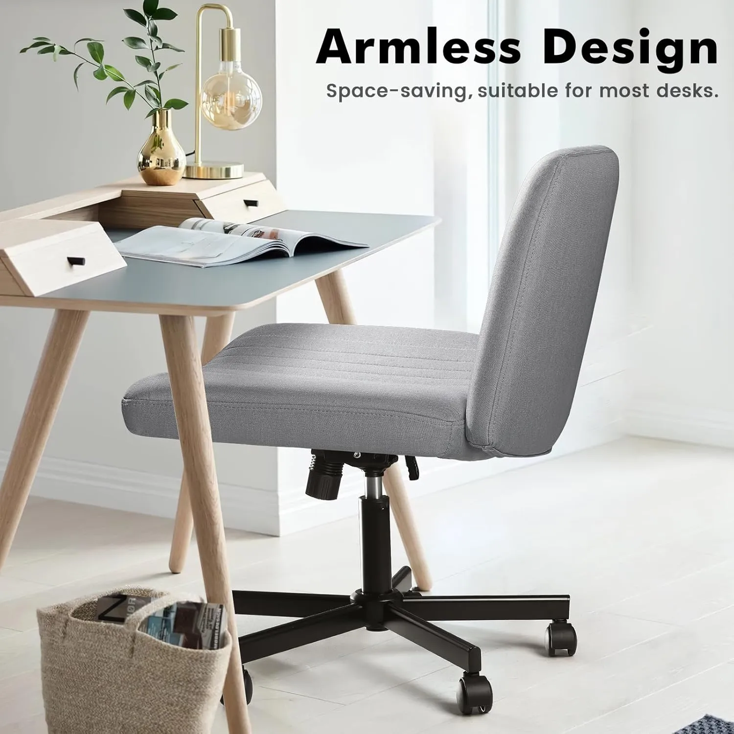 LEMBERI Criss Corss Chair with Wheels,Fabric Padded Armless Wide Office Desk Chairs,120° Rocking Swivel Mid Back Computer Task Vanity Chair for Home Office, Small Space
