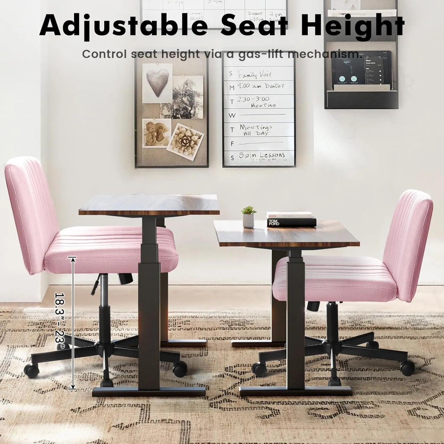 LEMBERI Criss Corss Chair with Wheels,Fabric Padded Armless Wide Office Desk Chairs,120° Rocking Swivel Mid Back Computer Task Vanity Chair for Home Office, Small Space