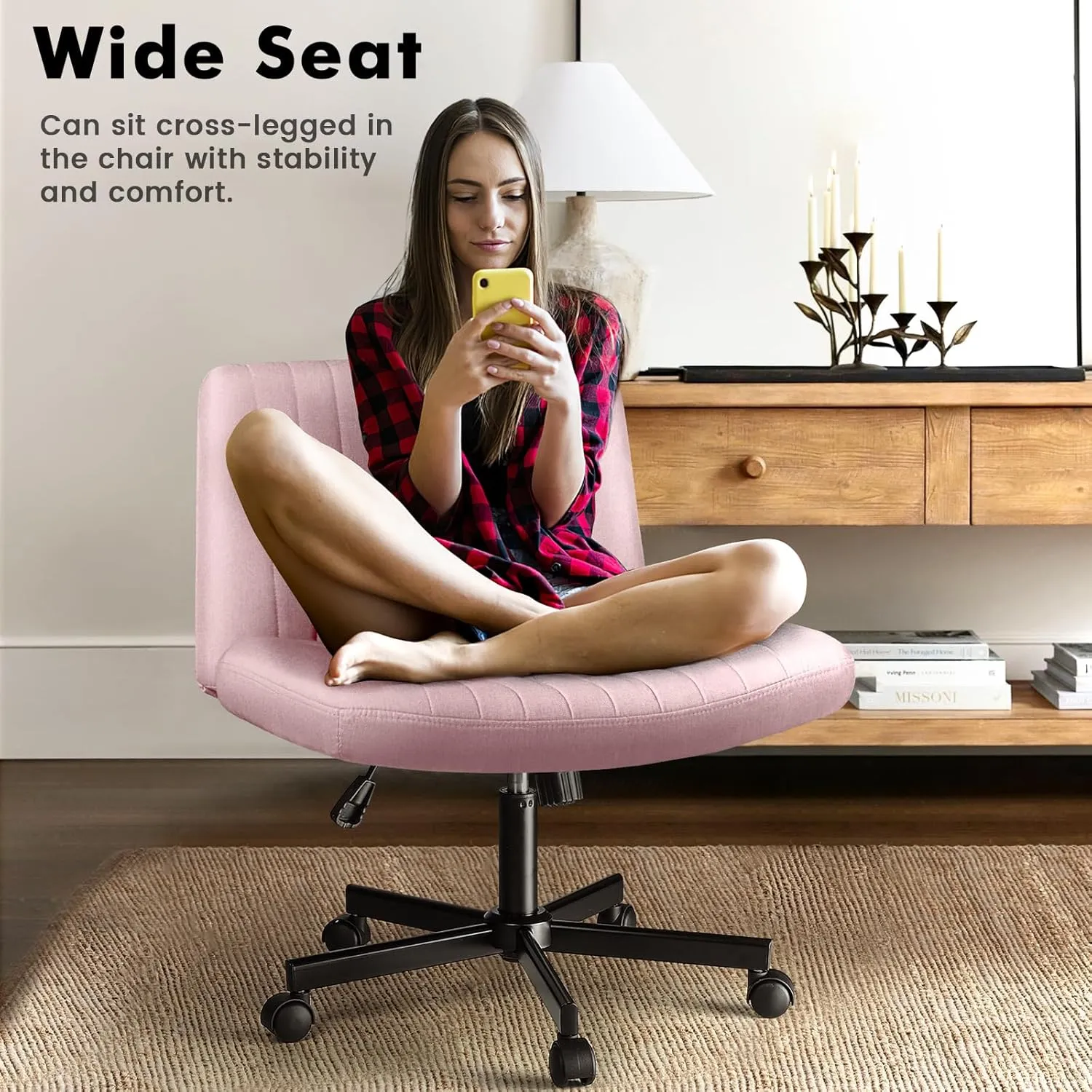 LEMBERI Criss Corss Chair with Wheels,Fabric Padded Armless Wide Office Desk Chairs,120° Rocking Swivel Mid Back Computer Task Vanity Chair for Home Office, Small Space