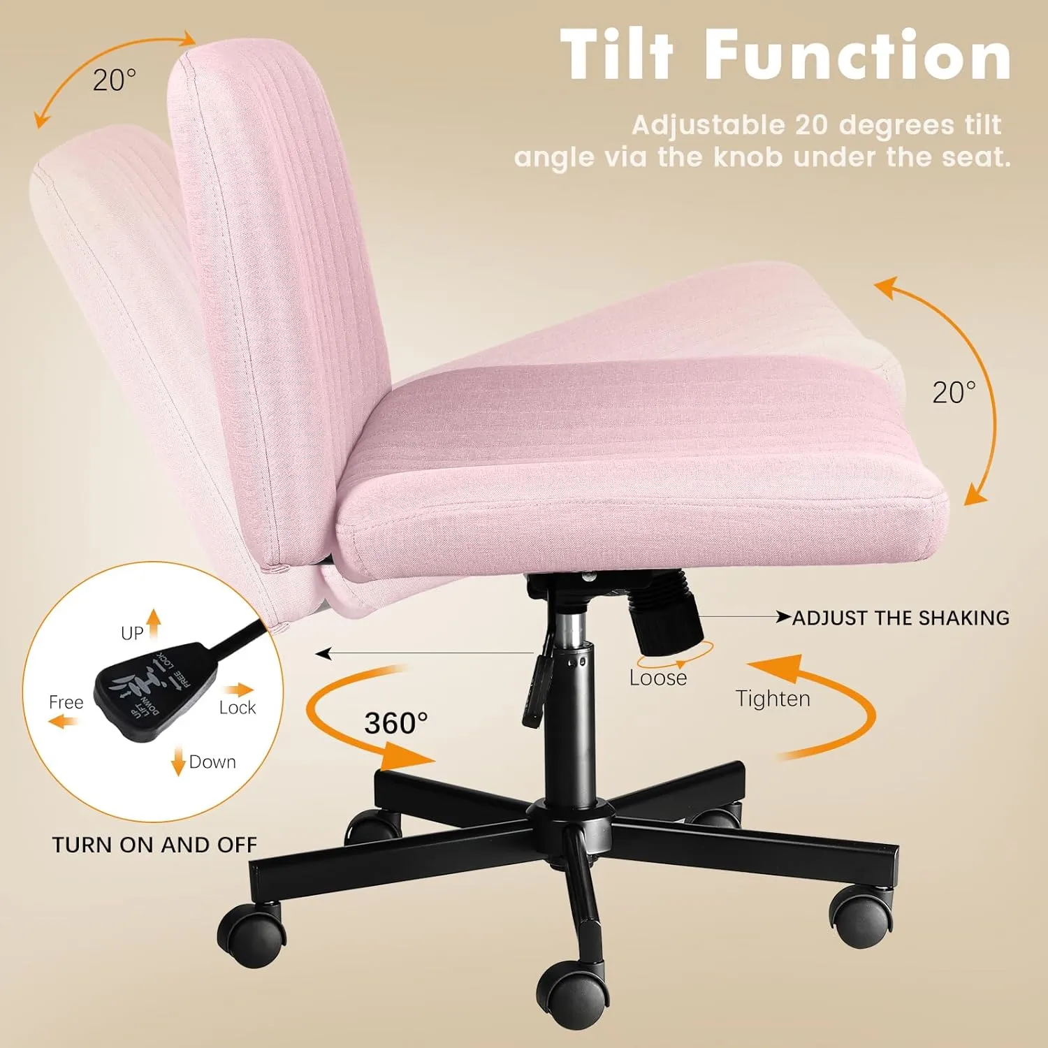 LEMBERI Criss Corss Chair with Wheels,Fabric Padded Armless Wide Office Desk Chairs,120° Rocking Swivel Mid Back Computer Task Vanity Chair for Home Office, Small Space