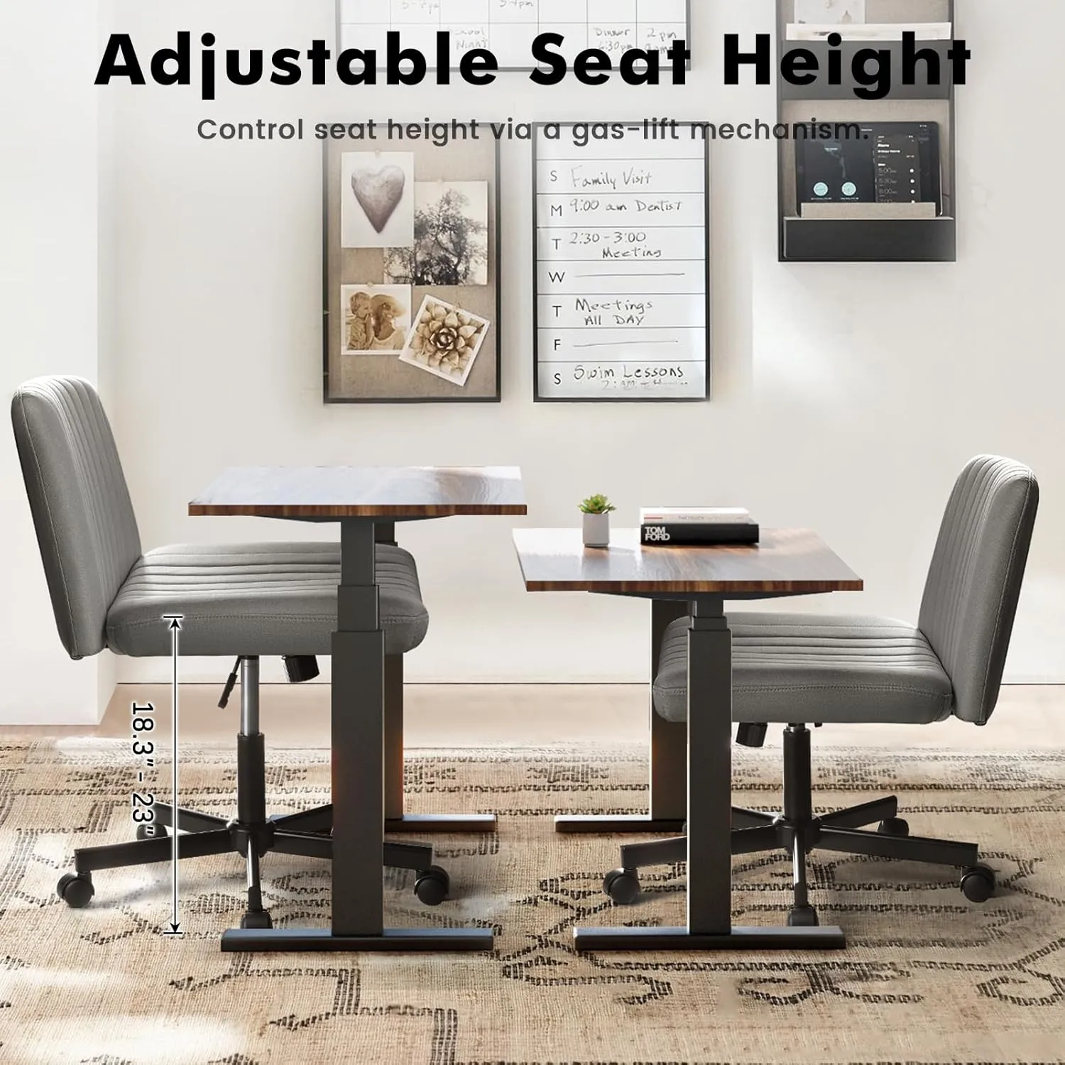 LEMBERI Criss Corss Chair with Wheels,Fabric Padded Armless Wide Office Desk Chairs,120° Rocking Swivel Mid Back Computer Task Vanity Chair for Home Office, Small Space