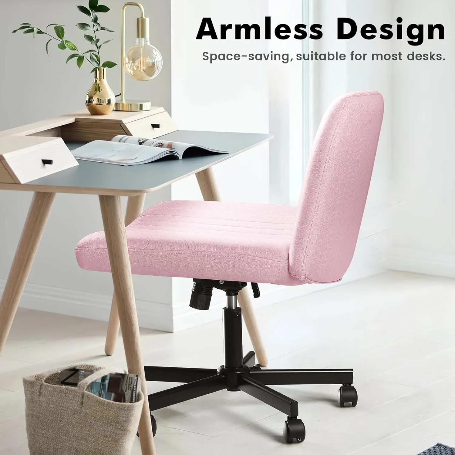 LEMBERI Criss Corss Chair with Wheels,Fabric Padded Armless Wide Office Desk Chairs,120° Rocking Swivel Mid Back Computer Task Vanity Chair for Home Office, Small Space