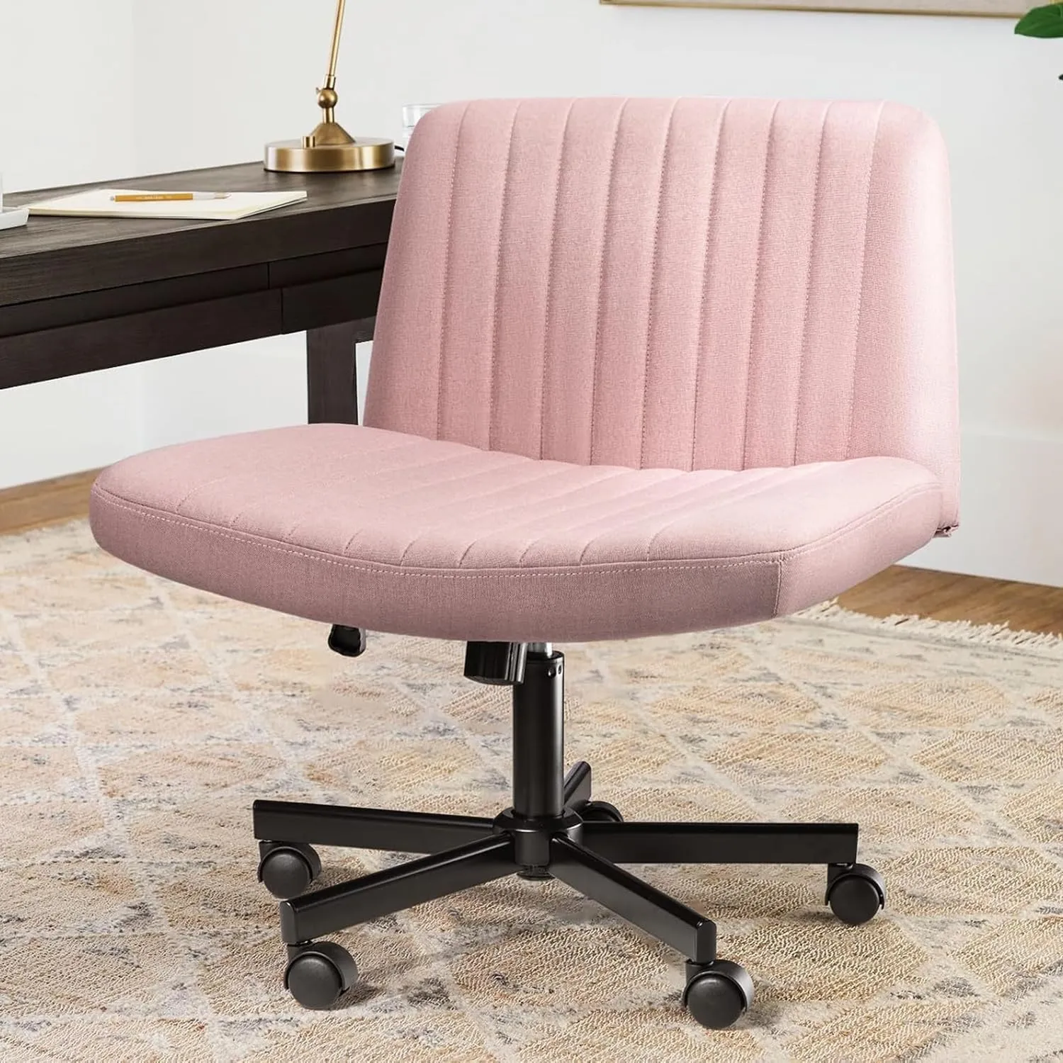 LEMBERI Criss Corss Chair with Wheels,Fabric Padded Armless Wide Office Desk Chairs,120° Rocking Swivel Mid Back Computer Task Vanity Chair for Home Office, Small Space