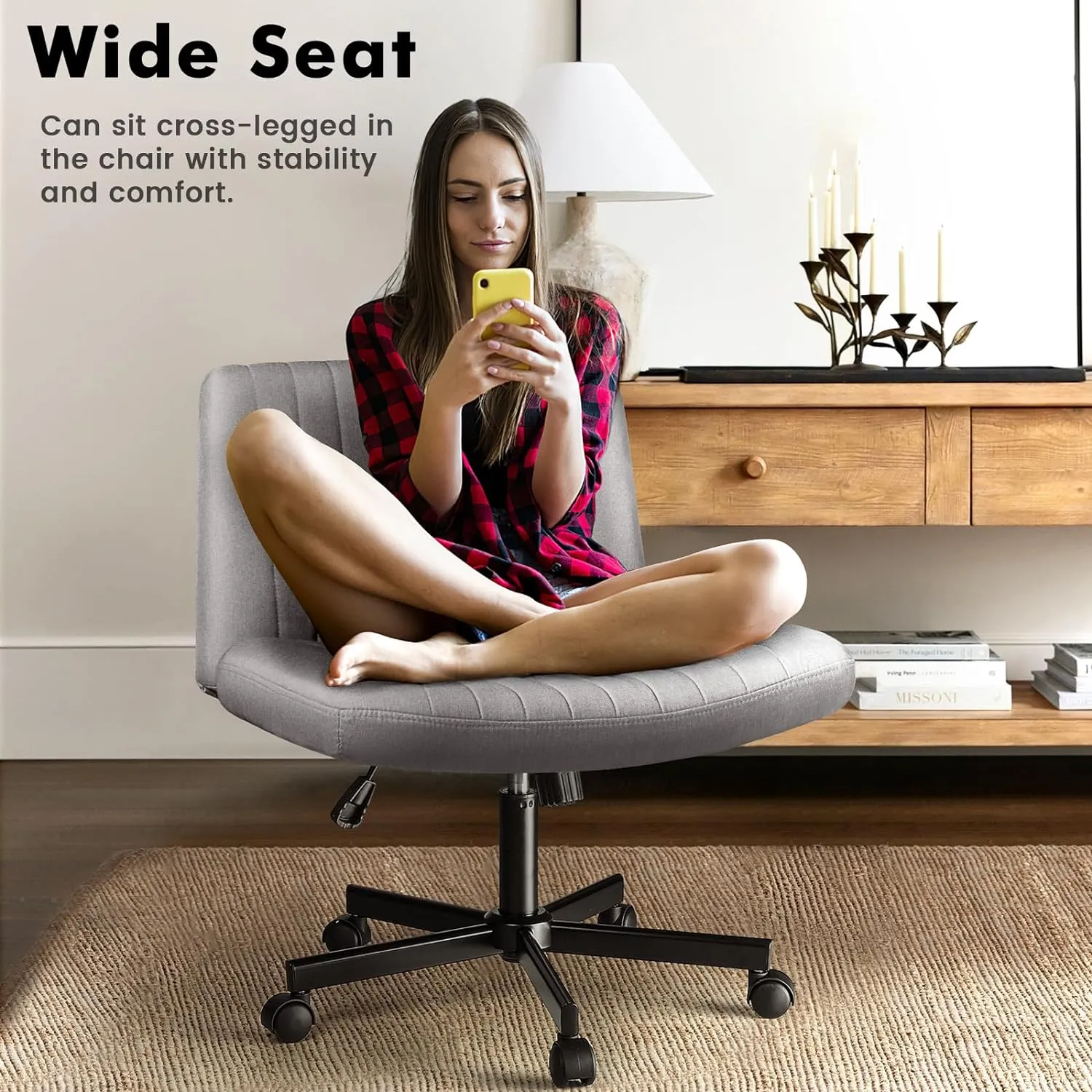 LEMBERI Criss Corss Chair with Wheels,Fabric Padded Armless Wide Office Desk Chairs,120° Rocking Swivel Mid Back Computer Task Vanity Chair for Home Office, Small Space
