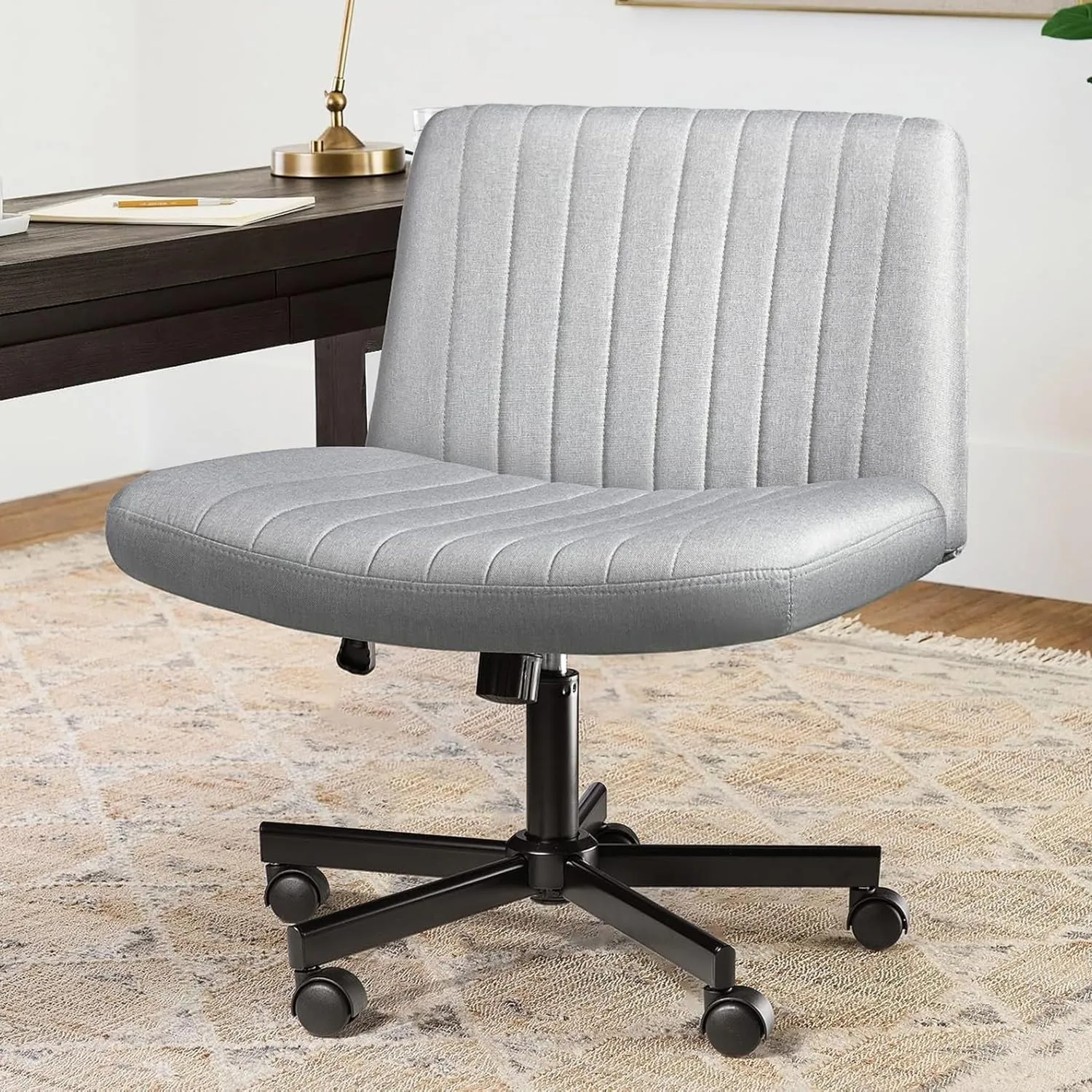 LEMBERI Criss Corss Chair with Wheels,Fabric Padded Armless Wide Office Desk Chairs,120° Rocking Swivel Mid Back Computer Task Vanity Chair for Home Office, Small Space