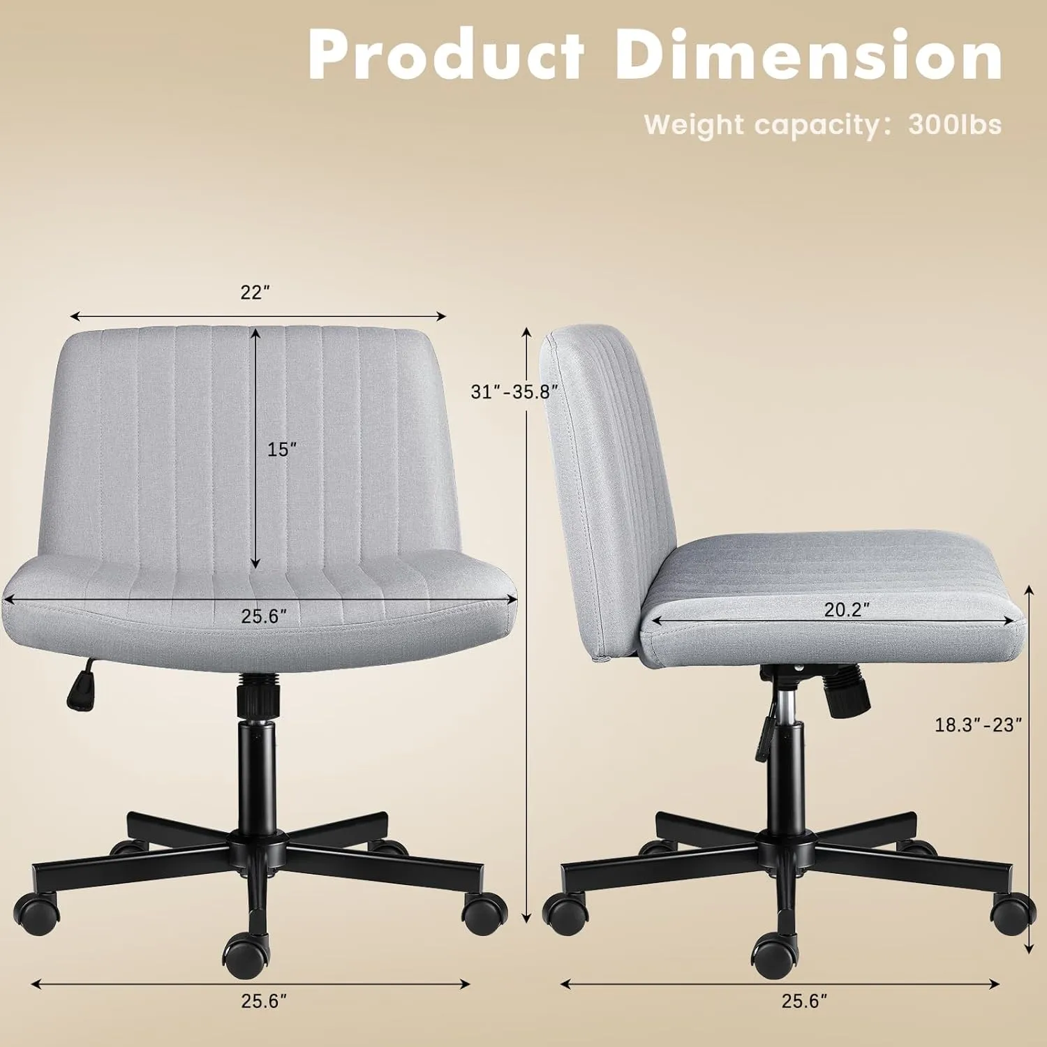LEMBERI Criss Corss Chair with Wheels,Fabric Padded Armless Wide Office Desk Chairs,120° Rocking Swivel Mid Back Computer Task Vanity Chair for Home Office, Small Space