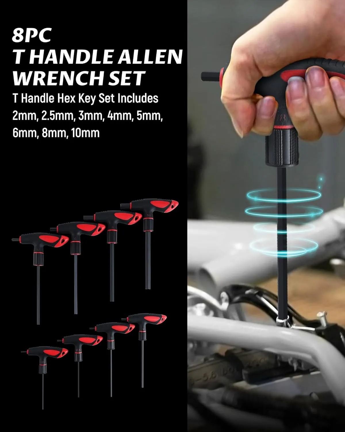 Lichamp T Handle Allen Wrench Set Metric, 8 Piece Heavy Duty Standard Long Tee Handle Allen Hex Key Set, 2-10mm
