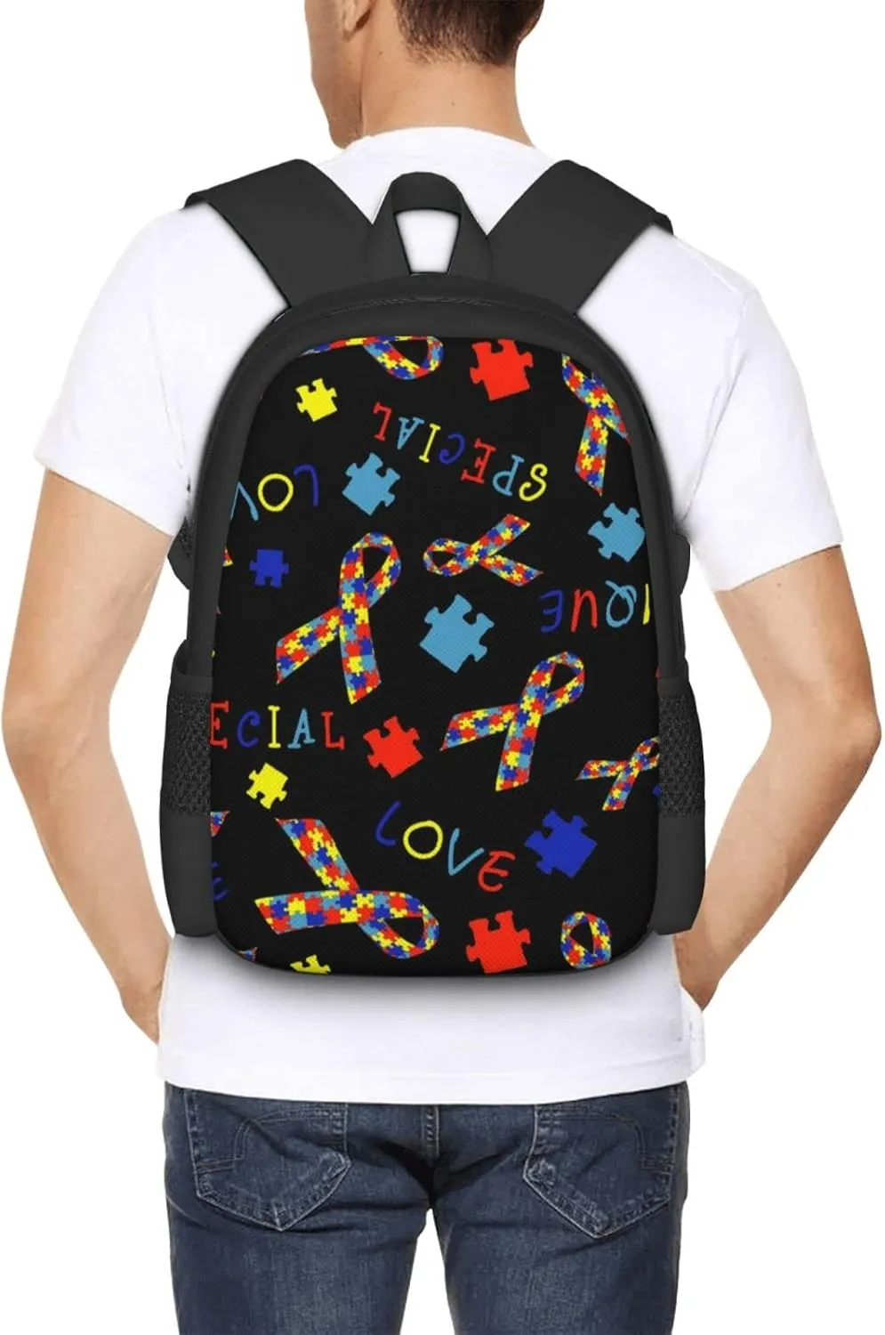 Lightweight Polyester Backpack for Autism Awareness Ribbon Black Travel Hiking Bag & Day Pack - Large Capacity Multipurpose Anti-Theft Shoulder Bag for College Men Women
