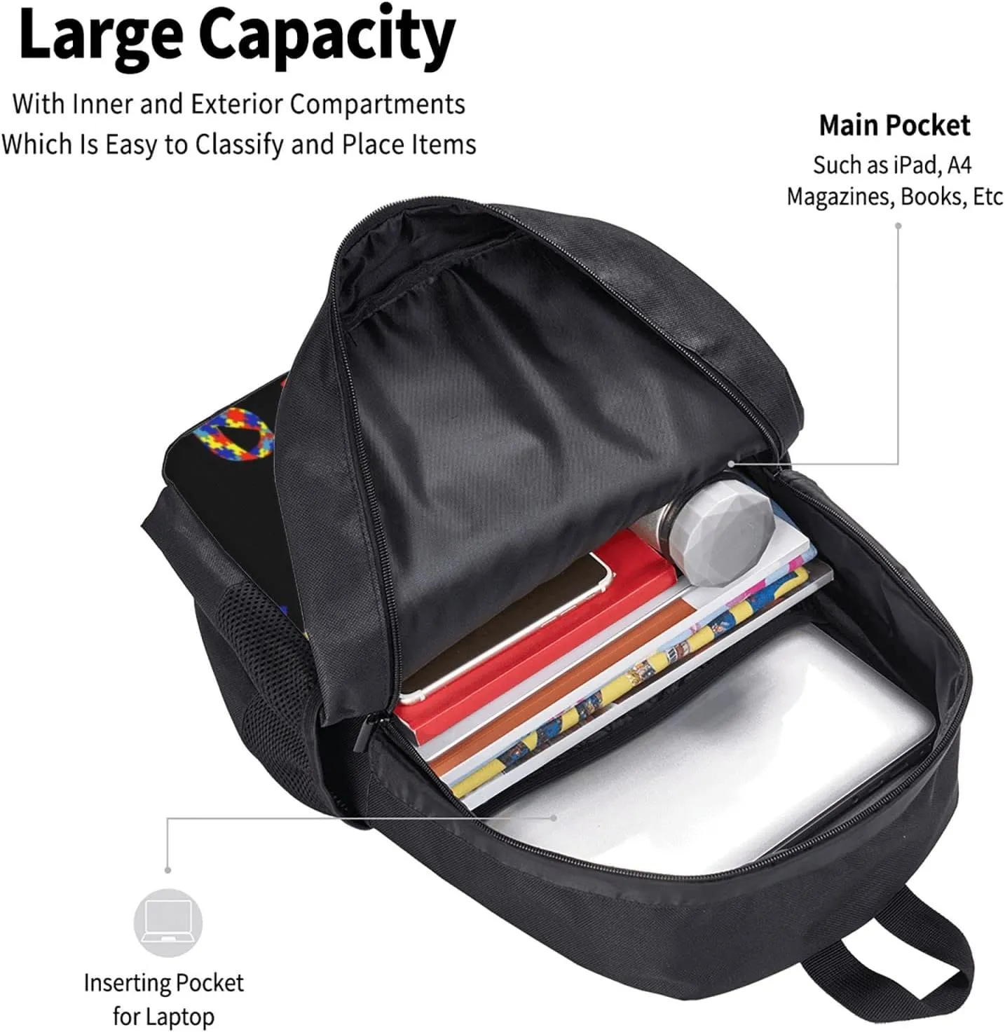 Lightweight Polyester Backpack for Autism Awareness Ribbon Black Travel Hiking Bag & Day Pack - Large Capacity Multipurpose Anti-Theft Shoulder Bag for College Men Women
