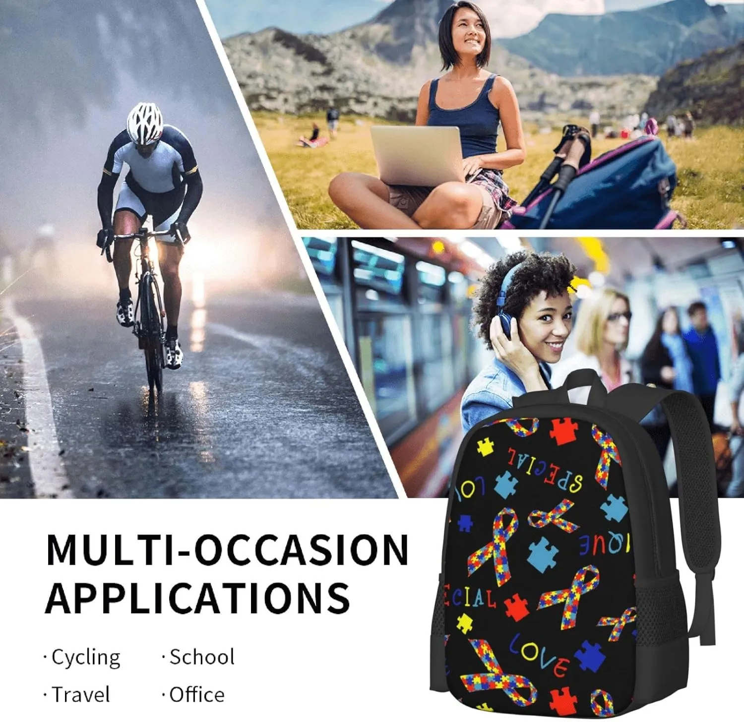 Lightweight Polyester Backpack for Autism Awareness Ribbon Black Travel Hiking Bag & Day Pack - Large Capacity Multipurpose Anti-Theft Shoulder Bag for College Men Women