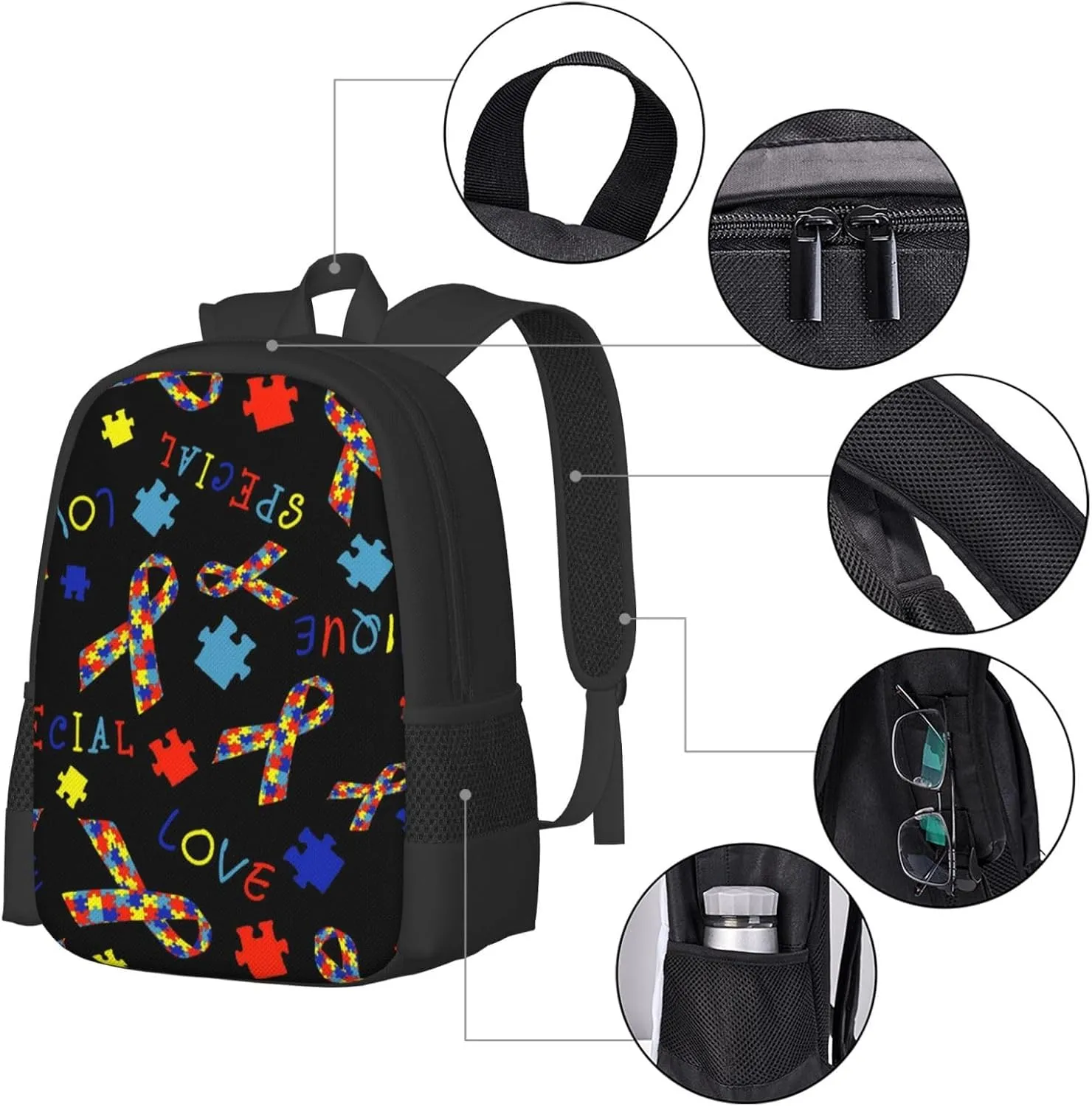 Lightweight Polyester Backpack for Autism Awareness Ribbon Black Travel Hiking Bag & Day Pack - Large Capacity Multipurpose Anti-Theft Shoulder Bag for College Men Women