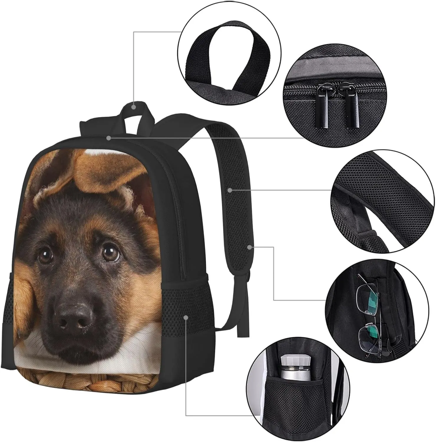 Lightweight Polyester Backpack for Cute German Shepherd Puppy Dog Travel Hiking Bag & Day Pack - Large Capacity Multipurpose Anti-Theft Shoulder Bag for College Men Women