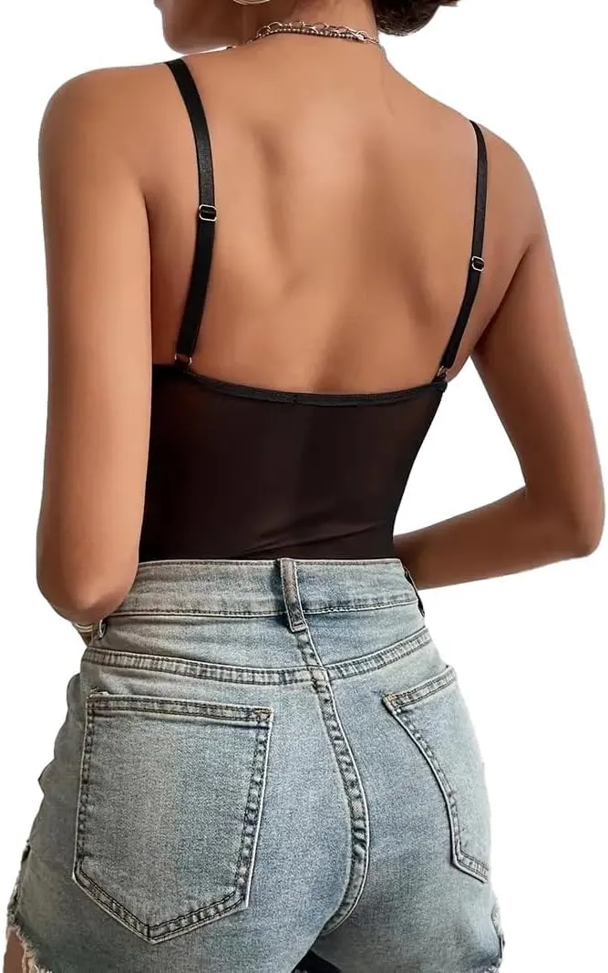 Lilosy Sexy Wireless Strappy Mesh Corset Lingerie Bodysuit Top