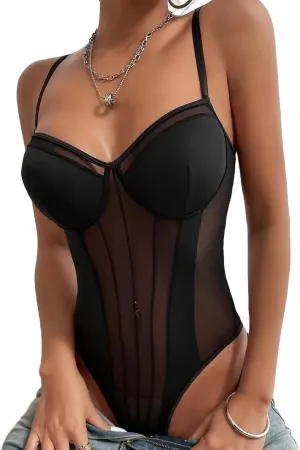 Lilosy Sexy Wireless Strappy Mesh Corset Lingerie Bodysuit Top