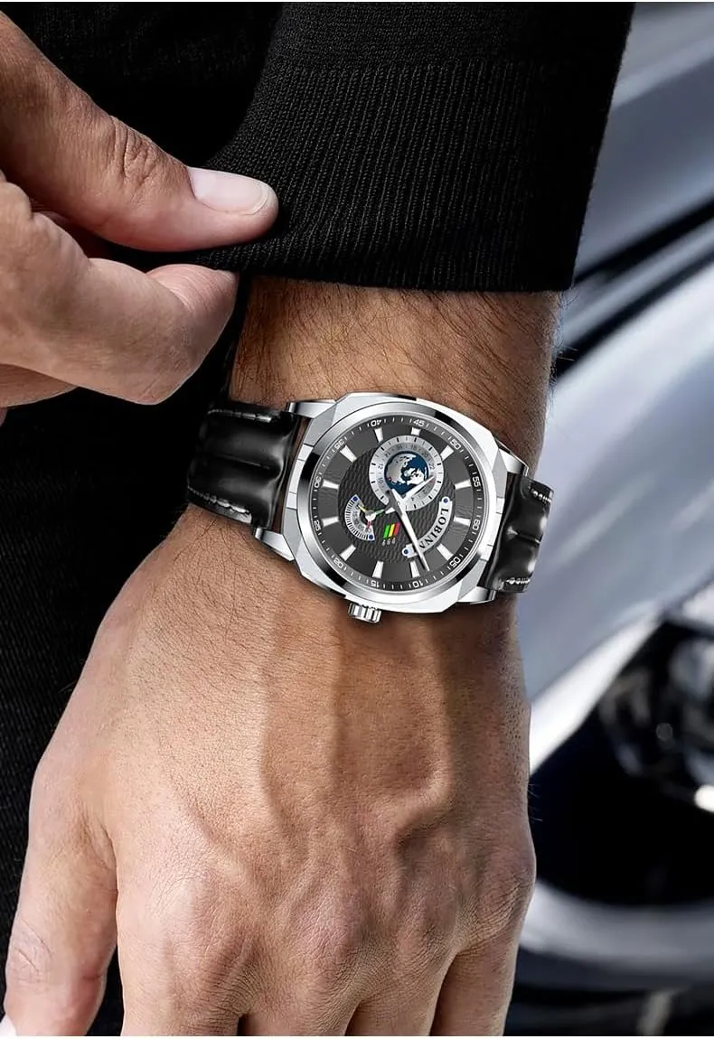 LOBINNI Men's Watch Square Automatic Mechanical,43mm Stainless Steel Dial,Luminous,Leather Strap,Business Watches for Man,Dress Luxury Gift for Men